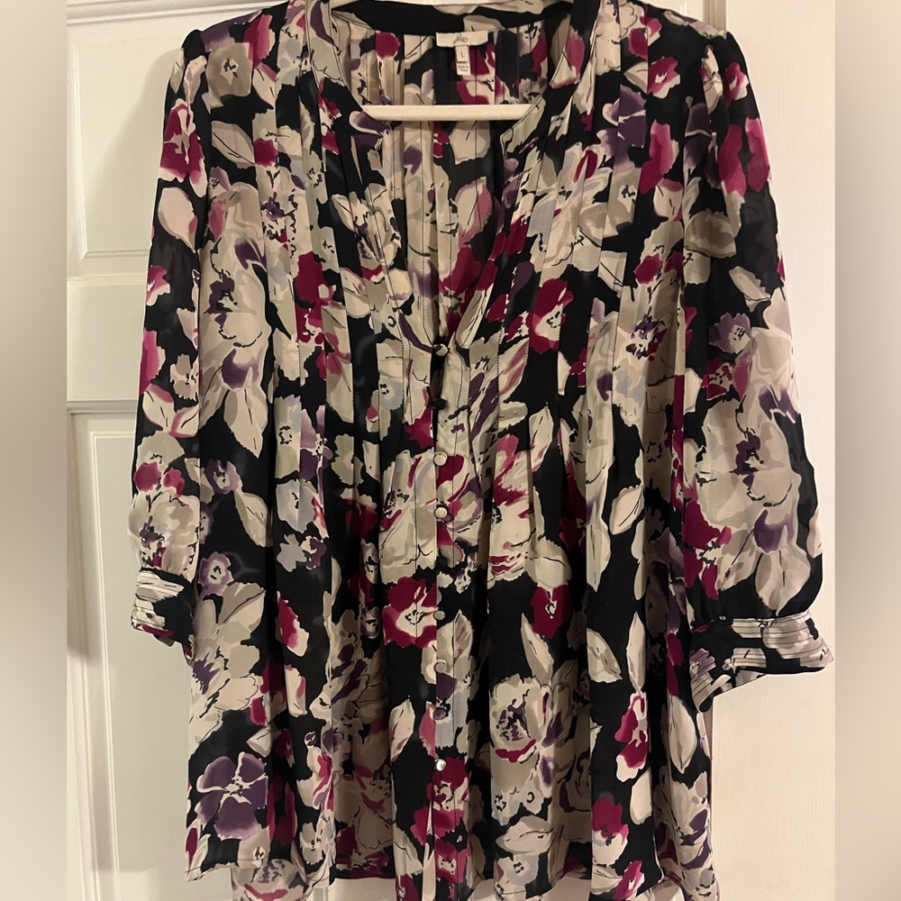 Joie, Women’s, Size L, Floral Patterned Button Down Pleated Tunic Blouse